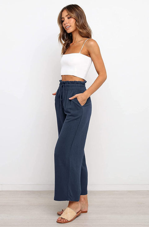 Womens Linen Pants High Waisted Wide Leg Drawstring Casual Loose Trousers with Pockets