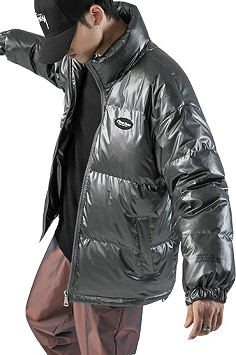 Men's Winter Thick Quilted Outdoor Coat Fashion Stand Collar Metallic Jacket