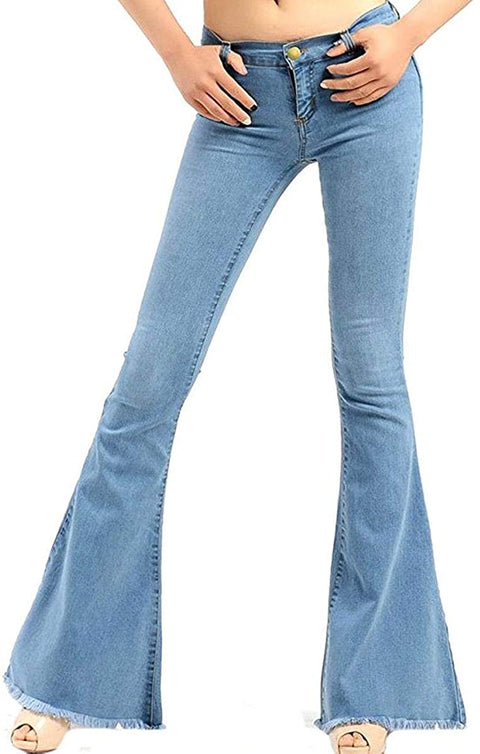 Women's Low Rise Flared Bell Bottom Fashion Raw Hem Casual Long Denim Pants