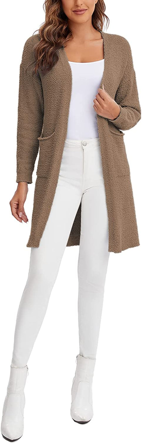 Women's Long Sleeve Chunky Open Front Sweater Cardigan Coat with Pockets