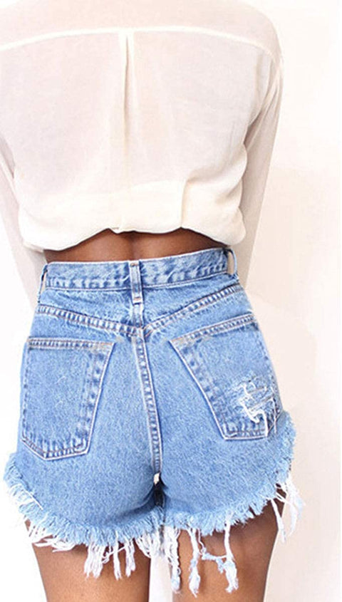 Women's Irregular Frayed Hem High Rise Cut Off Ripped Slim Junior Denim Shorts