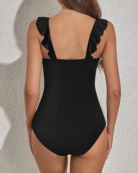 Zwurew Women Deep V Neck Ruffled Drawstring Swimwear One Piece Swimsuit Solid Bodysuit Monokini Bather Bathing Suit Beachwear