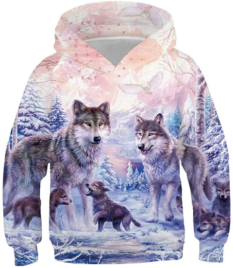 Wolf Hoodie for Kids 3D Print Pink Wolves Sweatshirt for Boys Teen Pullover Sweatshirts 6-16 Years with Pocket