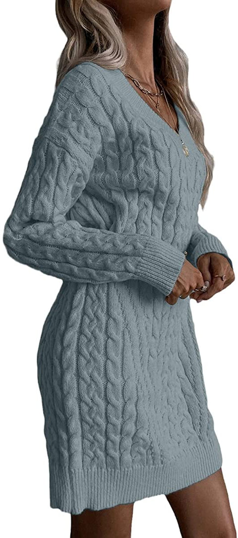 Dyexces Womens Cable Knit Sweater Dress Long Sleeve V Neck Mini Knit Dresses Without Belt Loose Casual Sweaters