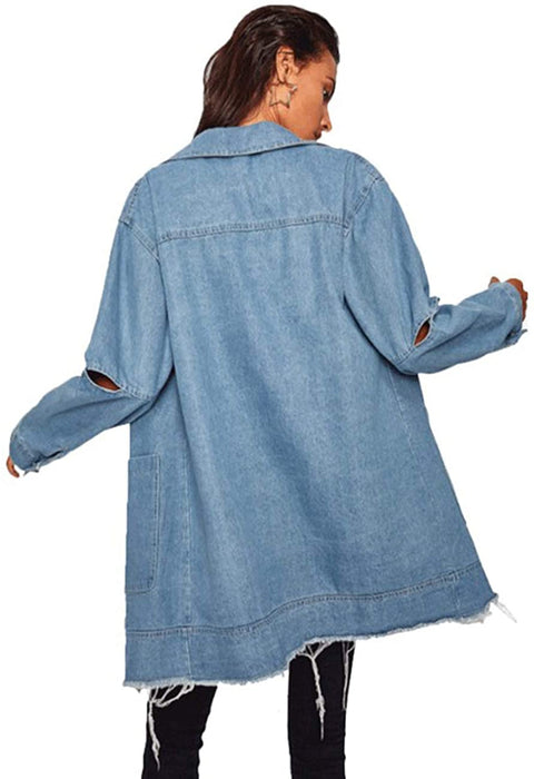 Womens Boyfriend Denim Washed Jacket Loose Jean Jacket Coats with Long Sleeves