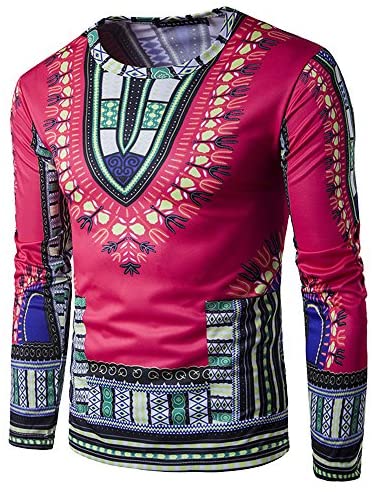 Men's Long Sleeve Causal Dashiki Blouse Slim Fit African Printed Tee Shirt