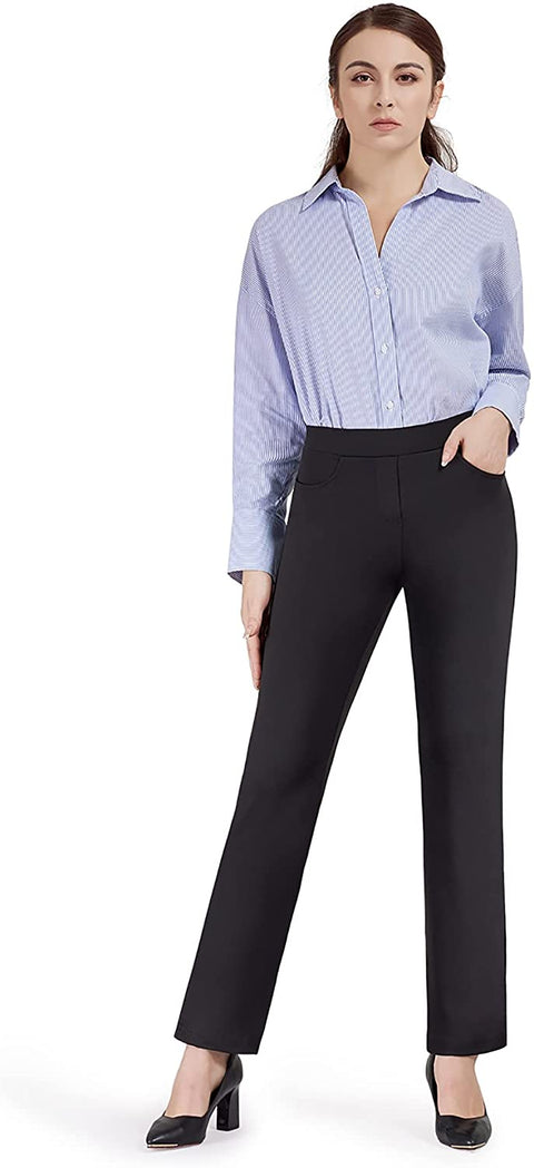 Dress Pants for Women Straight Leg Stretch Work Pants Pull-on Yoga Pants with Pockets