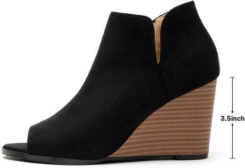 Katliu Women's Wedge Heel Booties Peep Toe Ankle Boots Side Zipper Suede Ankle Boots