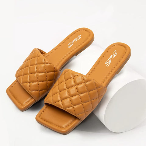Women's Square Open Toe Flat Sandals Slip On Slide Sandals Woven Strap Flat Sandals