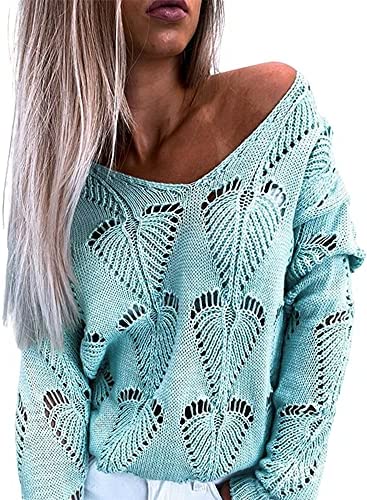 Women Leaf Hollow Crochet Sweater Knitwear V-Neck Loose Casual Long Sleeve Pullover Top