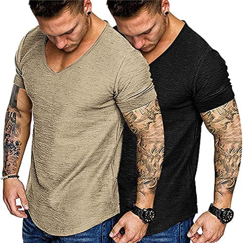Mens 2 Pack Muscle V Neck T Shirt Fitted Gym Workout Short Sleeve Tee