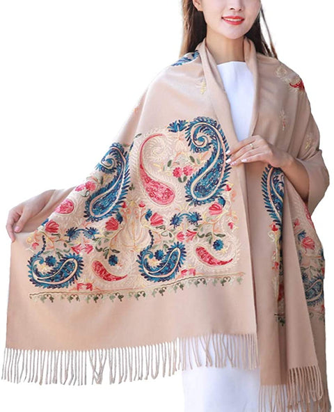 Women's Embroidered Pattern Tassel Large Shawl Scarf