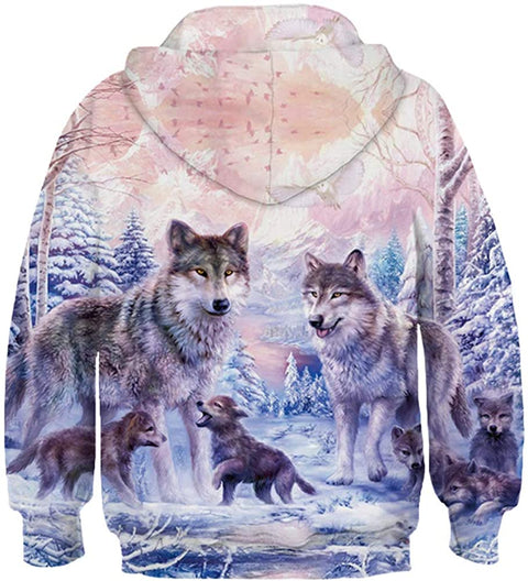 Wolf Hoodie for Kids 3D Print Pink Wolves Sweatshirt for Boys Teen Pullover Sweatshirts 6-16 Years with Pocket