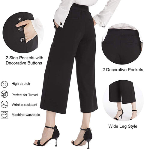 Ginasy Black Wide Leg Pants for Women Business Casual Dress Pants Stretch High Waist Crop Capris Culotte