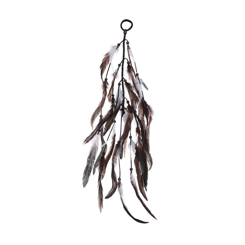 Hippie Feather Extension Hair Ties - AWAYTR Boho Feather Crown Elastic Gypsy Festival Headband Indian Hair Accessories 1970s (White + dark brown)