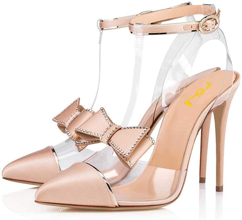 FSJ Women Clear T Strap Pointed Toe Stiletto High Heels Dress Pumps Sandals with Rhinestones Studded Bows Size 4-15 US