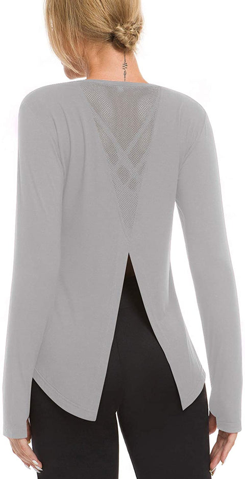 Women’s Long Sleeve Yoga Tops Mesh Open Back Workout Shirts Thumb Hole T Shirt