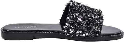 EETTARO Women's Glitter Shiny Slide Sandals Sparkle Fancy Flat Slippers Slip-on Jeweled Shoes