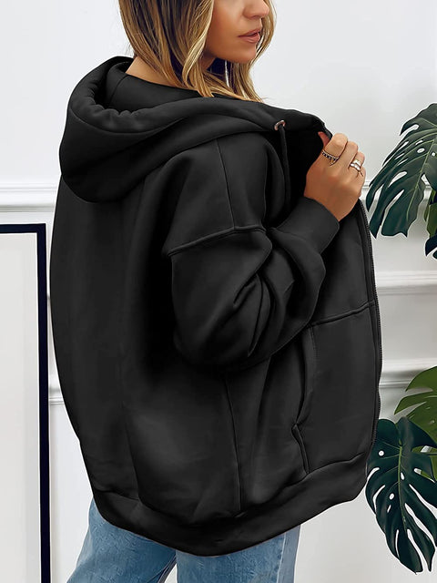 Zwurew Women Long Sleeve Full Zip Up Fleece Hoodies Oversized Casual Sweatshirts Drawstring Jacket with Pockets