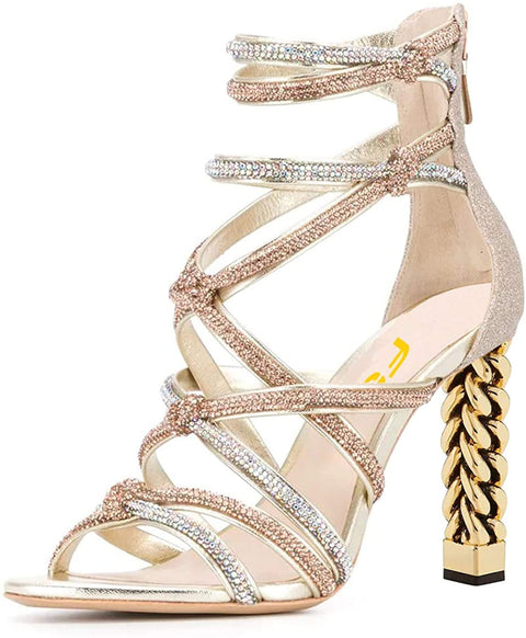 FSJ Women High Heels Strappy Ankle Straps Sandals Open Toe Back Zip Rhinestones Glitter Pumps Shoes Size 4-15 US