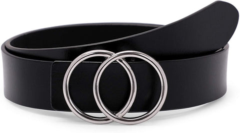 Women’s Leather Ring Belt for Jean, Mothers Day Gifts Double Circle Buckle Belts