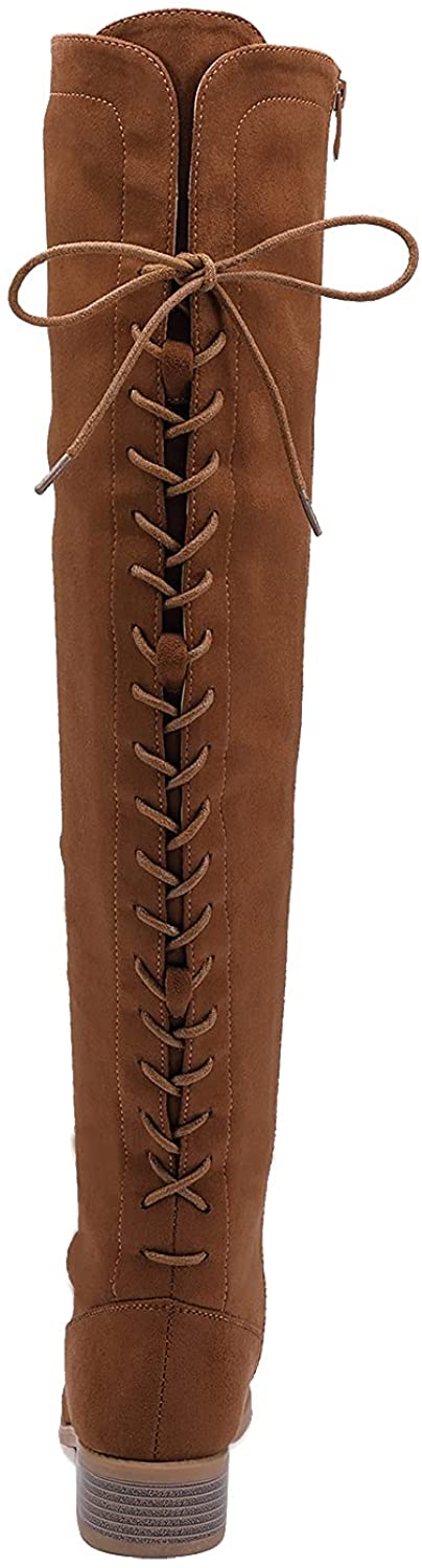 EETTARO Women's Over The Knee Boot Fashion Lace Up Tight High Boots Side Zip Block Heel Riding Booties