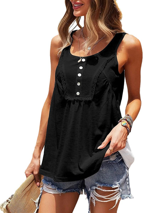Womens Tank Tops Scoop Neck Waffle Sleeveless Vest Summer Solid Color Lace Cami Tees Shirts