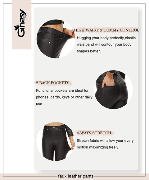 Ginasy Faux Leather Pants for Women High Waisted Stretch Pleather Leggings with Pockets