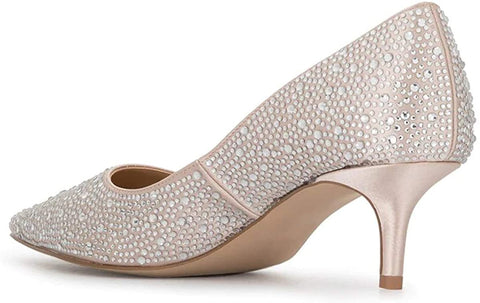 FSJ Women Fashion Pointed Toe Low Thin Heel Pumps Slip on Rhinestones Bridal Wedding Shoes