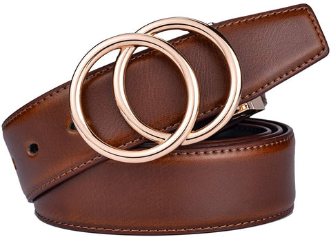 Beltox Women Belt Leather 1.3” Reversible 2 in 1 Rotated 2 Rings Gold Buckle