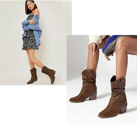 Katliu Women's Western Cowboy Boots Slouchy Chunky Heel Mid-Calf Boots with Pull-Up Tabs