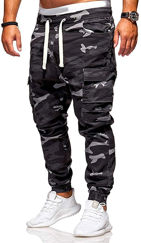 Men's Casual Camo Printed Chino Drawstring Elastic Waist Harem Outdoor Jogger Pants