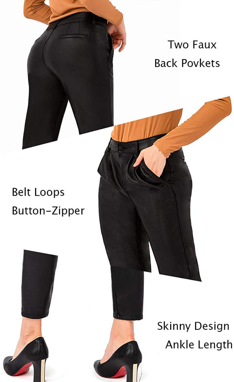 Leather Pants Women Faux Leggings Skinny Stretch Soft Pants with Pockets Work Casual Pants