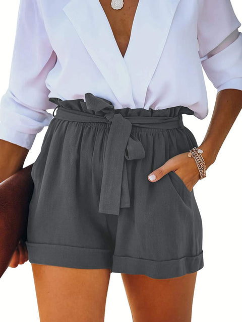 Womens Cotton Linen High Waisted Paper Bag Shorts Lightweight Summer Beach Lounge Shorts with Pockets