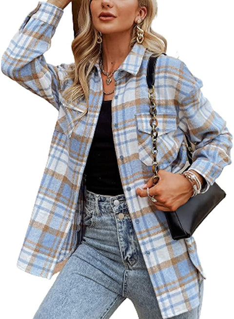 Women's Color Block Plaid Shirts Long Sleeve Flannel Lapel Button Down Pocketed Shacket Jacket Coats