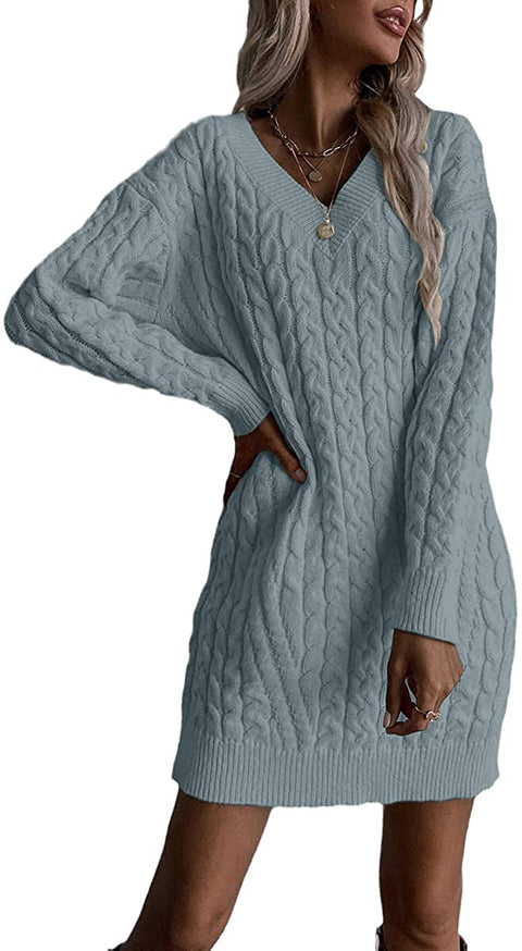 Dyexces Womens Cable Knit Sweater Dress Long Sleeve V Neck Mini Knit Dresses Without Belt Loose Casual Sweaters