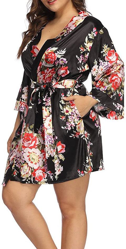 Plus Size Robes for Women Wrap Floral Print Satin Sleep Lounge Kimono Robe