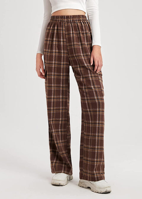 Womens Plaid Casual Pants High Elastic Waist Stripe Lightweight Trousers with Two Flap Pockets