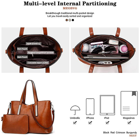 Meobvg Purses and Handbags for Womens PU Leather Top Handle Satchel Tote Shoulder Wallets Work Crossbody Bag Set 2pcs