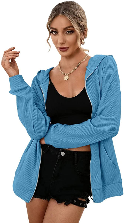 Zip Up Hoodie Women Long Sleeve Waffle Fall Oversized Sweatshirts Casual Hoodies Jacket with Pocket