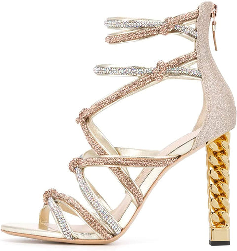 FSJ Women High Heels Strappy Ankle Straps Sandals Open Toe Back Zip Rhinestones Glitter Pumps Shoes Size 4-15 US
