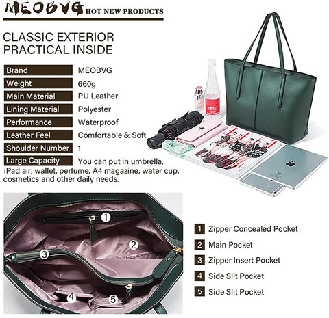 Meobvg Tote Handbags for Women Large PU Leather Bucket Purses Soft Waterproof Shoulder with Zippers Work Daily Bag