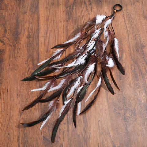 Hippie Feather Extension Hair Ties - AWAYTR Boho Feather Crown Elastic Gypsy Festival Headband Indian Hair Accessories 1970s (White + dark brown)