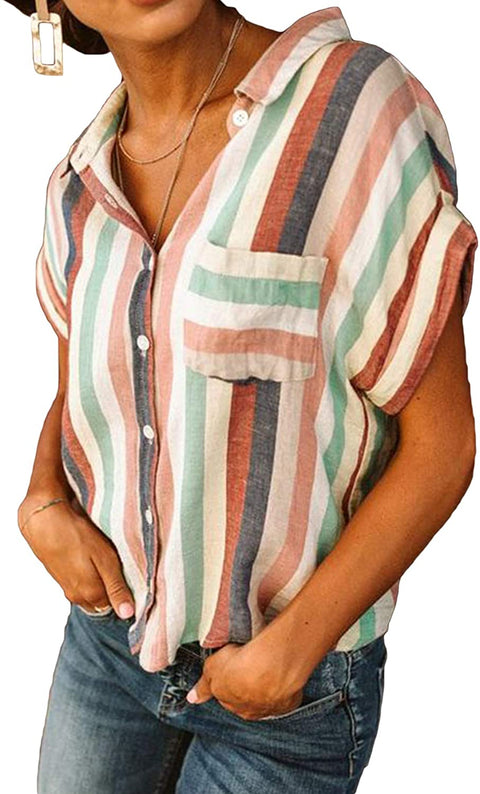 Womens V Neck Stripe Shirt Casual Cuffed Sleeve Button Down Collar Blouses Tops with a Pocket