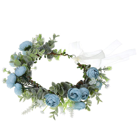 Flower Crown Headband Hair Garland - Bohemian Flower Headdress Hair Wreath Adjustable Halo Floral Headpiece for Women Girls Wedding Festival (Blue #1)