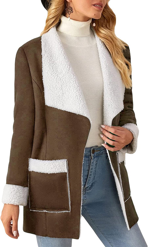 Women's Open Front Long Sleeve Blends Coat Lapel Casual Solid Color Fashion Outwear with Pockets