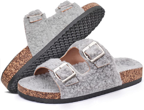 Katliu Women's Flat Slide Sandals Two Straps Buckle Slip on Slides Arch Support Cork Footbed Shearling Sandals