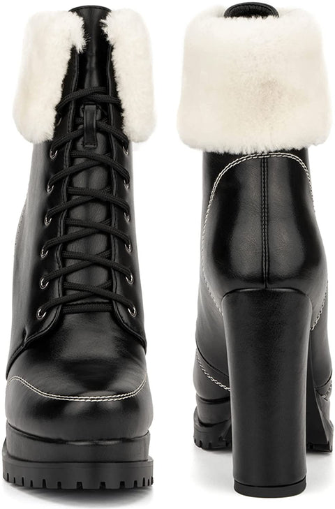Torgeis Women’s Pearl Fashion Faux Leather Textile, Lace-Up Ankle Chunky Boots, Round Toe, Rubber Outsole