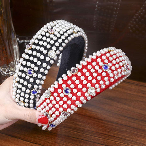 AWAYTR Velvet Padded Pearl Embellished Headband Large Padded Velvet Races Goth Wedding Headpiece for Women (black-1)