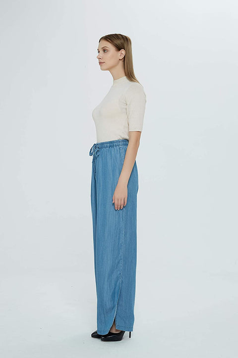 Womens Tencel Wide Leg Pants with Hem Slit and Drawstring